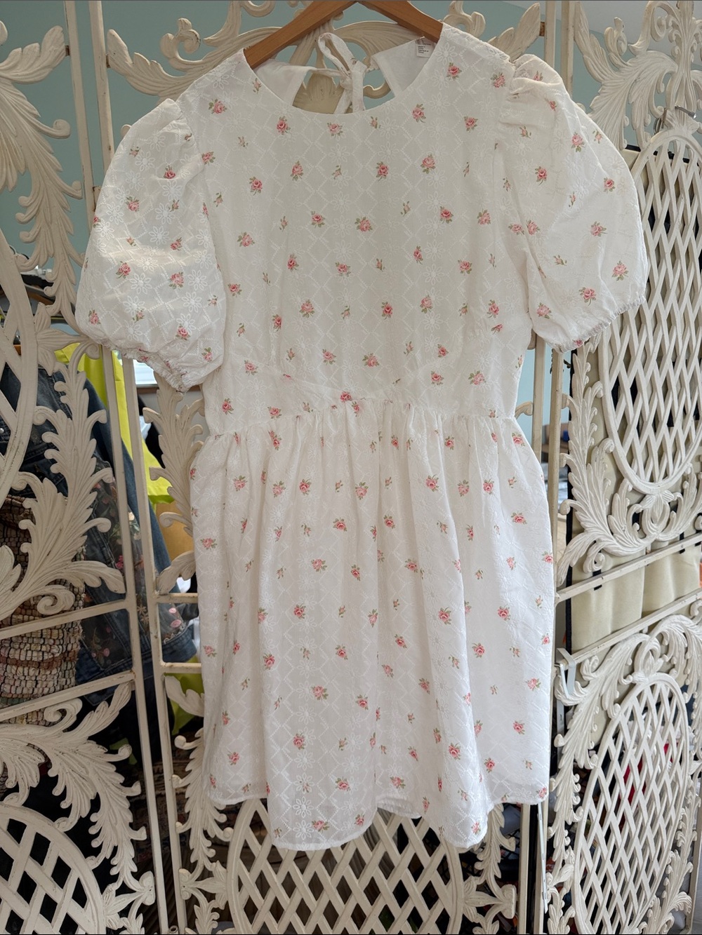 H&M White Mini Dress with Pink Floral Embroidery